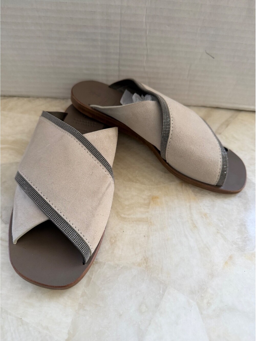 Brunello Cucinelli Suede Monili Beaded Crisscross Slide Sandals Beige Taupe 38.5 - Picture 2 of 14